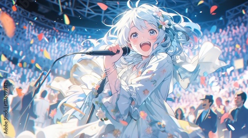 Vibrant anime idol performing passionately on stage, surrounded by a lively concert band, captivating the audience with her powerful voice and energetic presence. photo