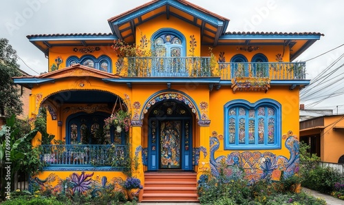 Vibrant yellow house, blue trim, ornate details.