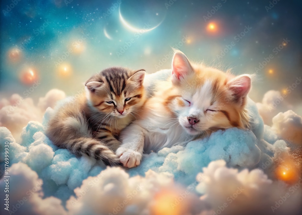 Fototapeta premium Surreal Dreamland: Kitten and Puppy Sleeping Together