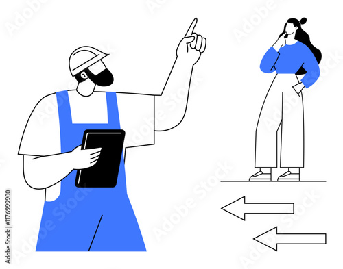 Wallpaper Mural Man in hard hat and overalls holding tablet, pointing upwards. Woman with hand on chin thinking. Two arrows pointing in opposite directions. Ideal for decision-making, career guidance, construction Torontodigital.ca