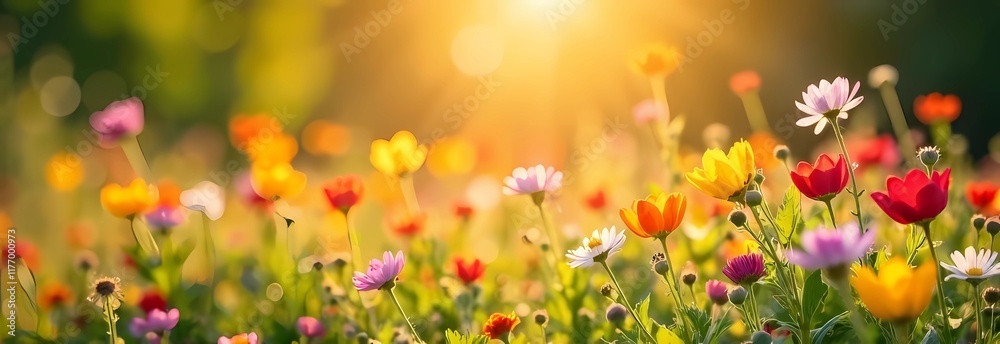 Colorful flower meadow with sun rays and bokeh - nature background banner with copy space - summer greeting card wildflowers spring flowers Colorful flower meadow with sun rays and bokeh - nature background banner with copy space - summer greeting card wildflowers spring flowers