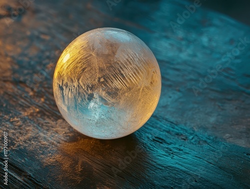 Frosty glowing sphere on a textured surface, creating a magical, abstract feel with warm and cool tones. photo