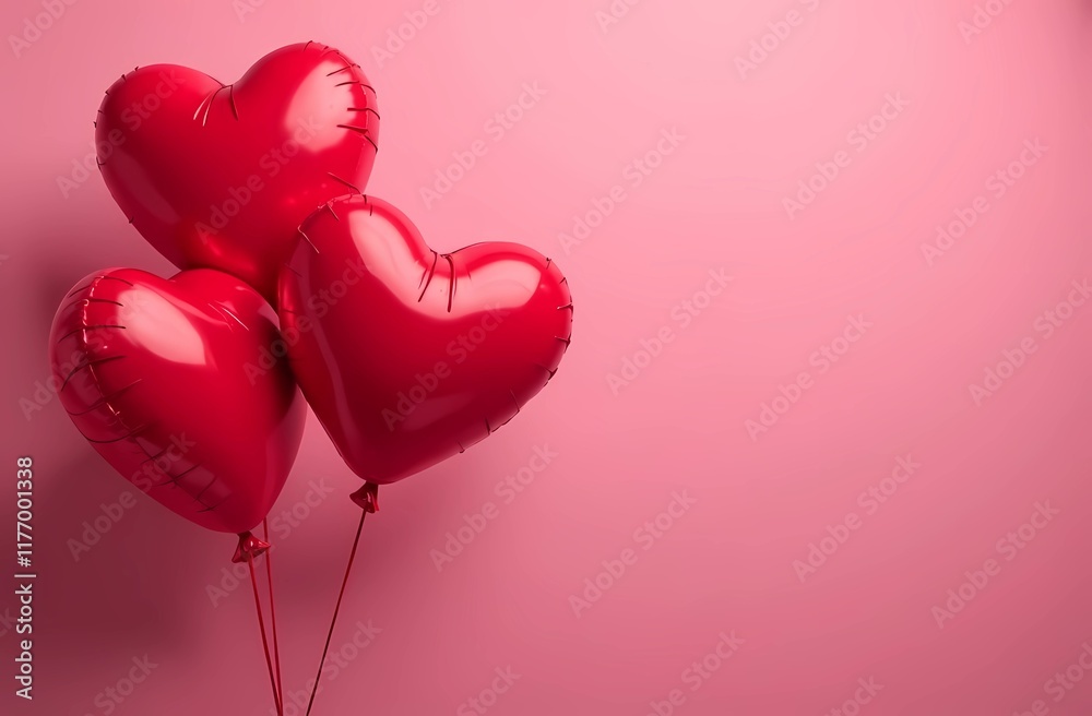 Red heart balloons on pink background for Valentine's Day, love-themed ads and greeting card design Red heart balloons on pink background for Valentine's Day, love-themed ads and greeting card design