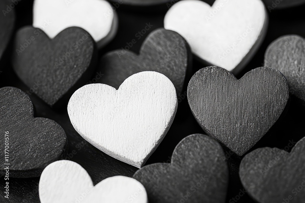 Obraz premium Monochrome hearts in varying sizes on a clean background, with a clear text area Valentine’s Day card