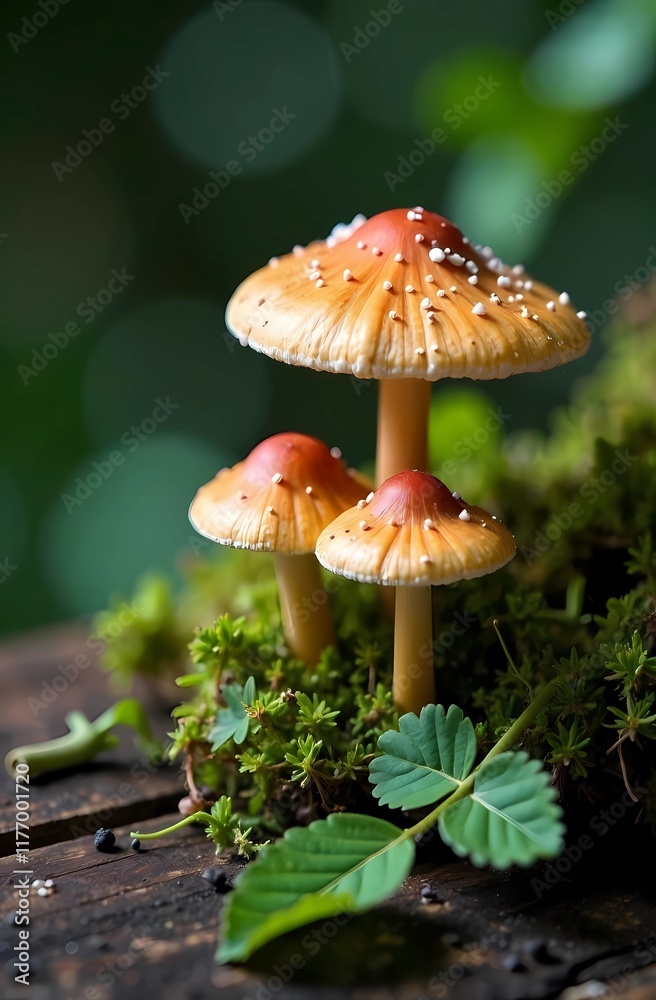 Background with mushrooms and fresh green leaves on a dark surface Background with mushrooms and fresh green leaves on a dark surface