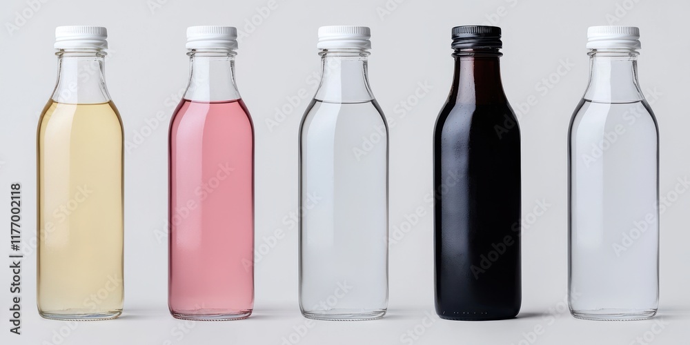Bottles of various colors and styles arranged in a line. Bottles of various colors and styles arranged in a line.