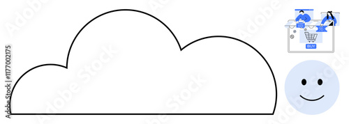 Large cloud outline, two people online shopping, smiling face. Ideal for cloud computing, e-commerce, customer satisfaction, digital solutions, online services, technology marketing user experience