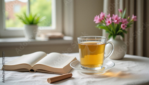 Wallpaper Mural Relaxing cup of herbal tea with a book and flowers, cozy ambiance Torontodigital.ca