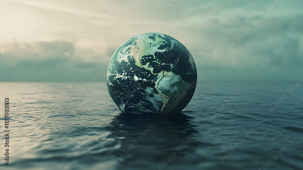 3D rendering of globe with continents floating above water, showcasing beauty of Earth. serene atmosphere evokes sense of wonder and connection to our planet 3D rendering of globe with continents floating above water, showcasing beauty of Earth. serene atmosphere evokes sense of wonder and connection to our planet