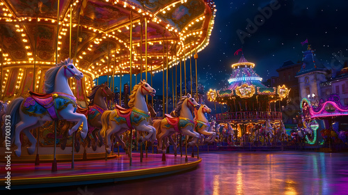 captivating scene of traditional merry go round with illuminated horses, vibrant colors, and festive atmosphere at night, creating magical experience for all ages photo