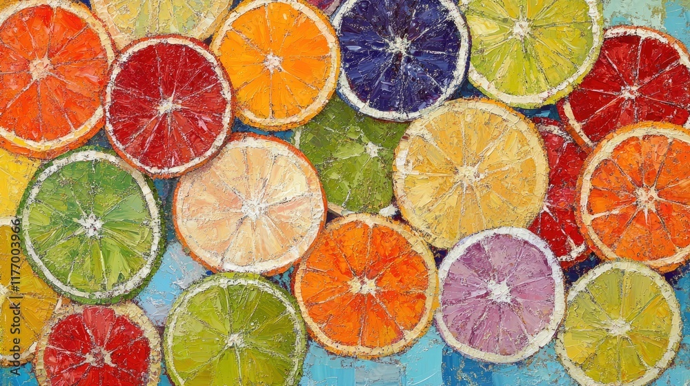 Vibrant Citrus Fruit Slices Painting in Multicolored Abstract Art Style Vibrant Citrus Fruit Slices Painting in Multicolored Abstract Art Style