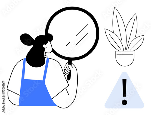 Person holding magnifying glass, inspecting closer, potted plant, and caution exclamation mark sign. Ideal for concepts of analysis, research, attention to detail, discovery, caution safety