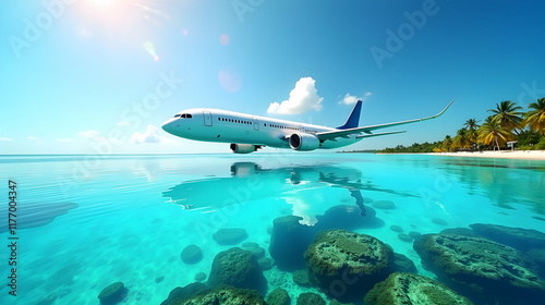 Wallpaper Mural Airplane seemingly floats above crystal-clear turquoise water, a tropical beach with palm trees in the background. Idyllic vacation! Torontodigital.ca