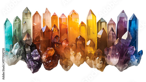 Photo of multicolored crystals chakre arranged in a beautiful pattern, isolated on a transparent background photo