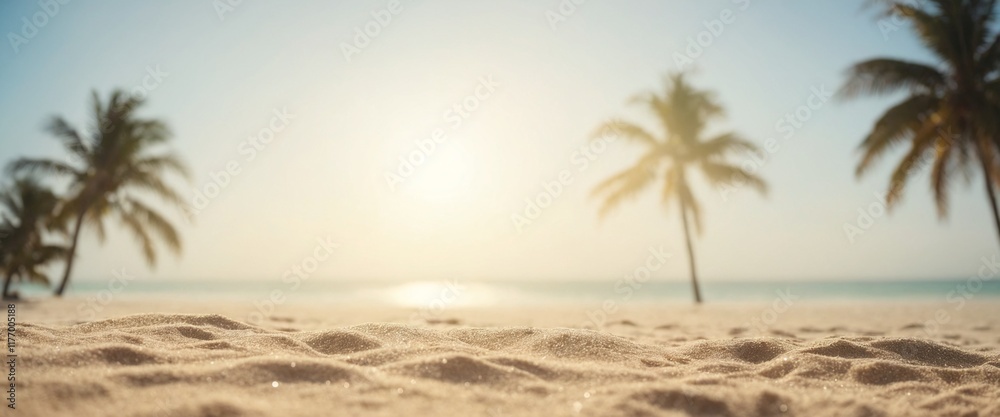 Obraz premium Sand with blurred Palm and tropical beach bokeh background Summer vacation and travel concept
