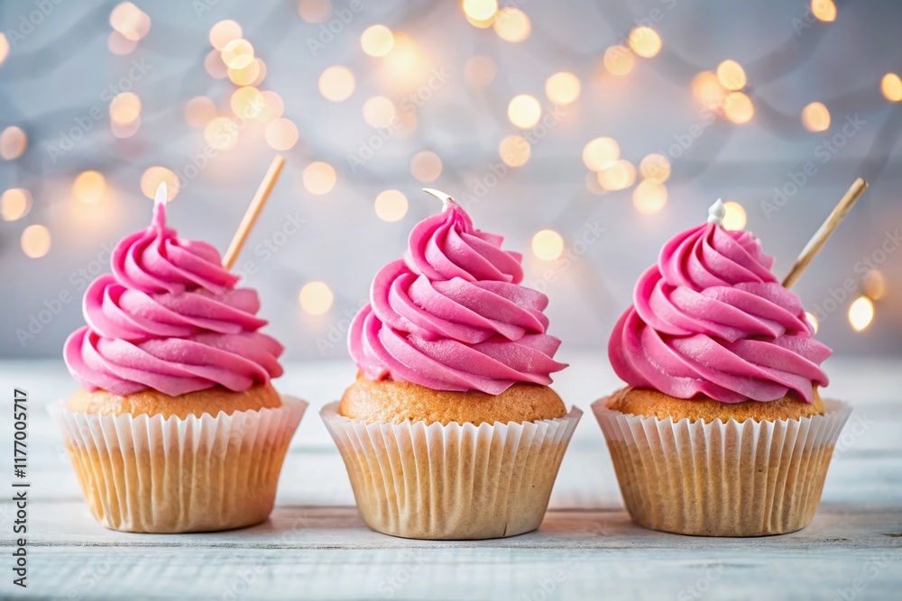 Three Pink Cupcakes Topper Mockup with Bokeh Background - Perfect for Bakery Design Three Pink Cupcakes Topper Mockup with Bokeh Background - Perfect for Bakery Design