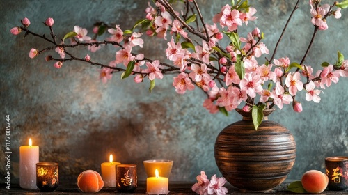 Blooming peach branches placed in a rustic wooden vase, surrounded by candles and Chinese symbols of luck and prosperity photo