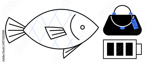 Fish, handbag with tags, battery icon with three bars. Ideal for surrealism, modern art, creativity, thought-provoking designs, unconventional ideas, environmental commentary sustainability