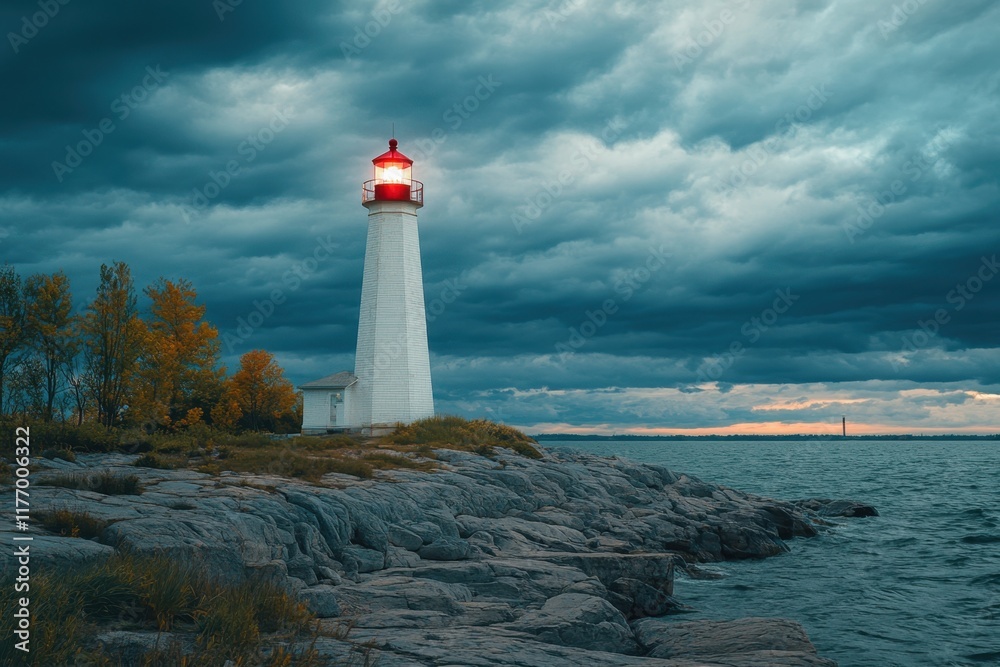 Lighthouse standing tall by the rocky shore under dramatic cloudy skies Lighthouse standing tall by the rocky shore under dramatic cloudy skies