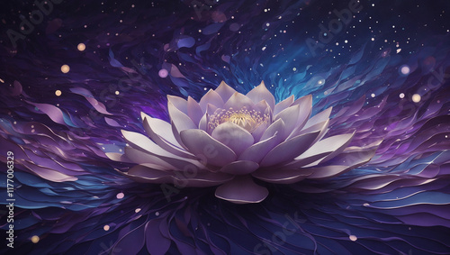 A pale lotus flower floats on a deep purple, starry surface. This serene image is likely generative art, submitted to Adobe Stock.