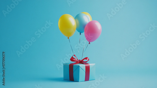 Colorful balloons and a gift box create a festive atmosphere for a celebration