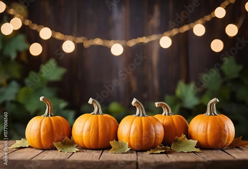 Mini pumpkins and fall leaves arranged on a wooden table with twinkling bokeh lights in the background
