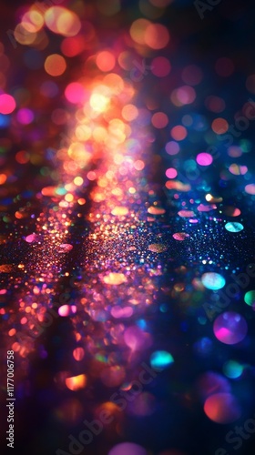 Colorful light patterns created by shimmering reflections on a surface at night