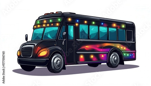 A black party bus with colorful neon lights perfect for nightlife or festive travel illustrations or party-themed designs.