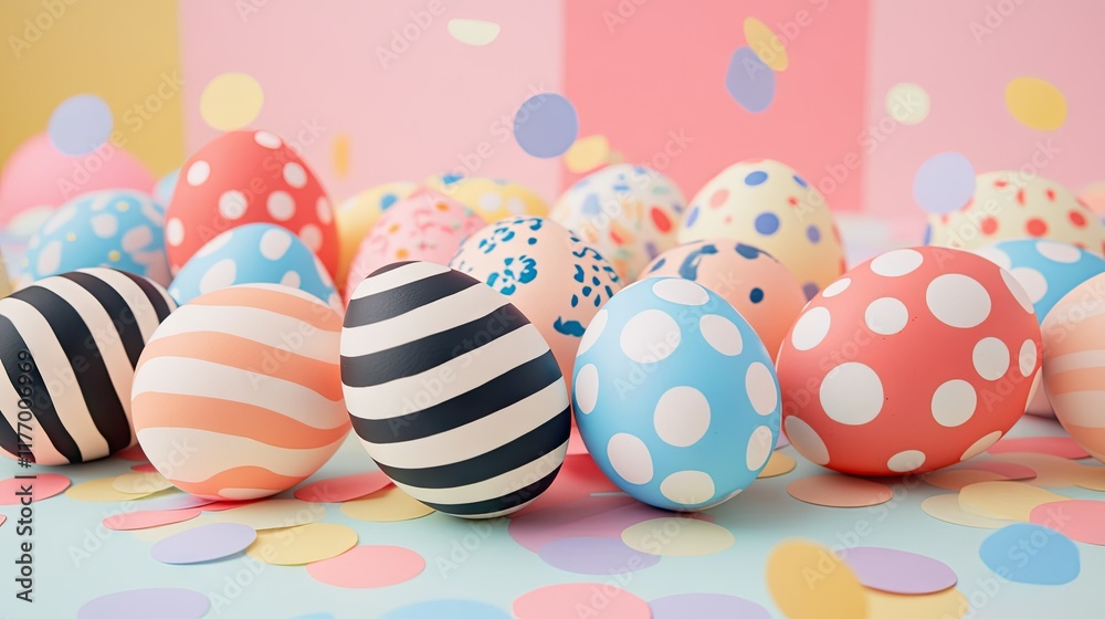 Fototapeta premium Easter eggs painted with polka dots, stripes, and floral patterns arranged on a pastel-colored background with scattered confetti