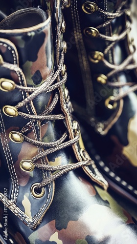 Camouflage Combat Boots with Laces and Brass Eyelets - Rugged Outdoor Footwear photo