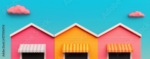 Colorful houses with awnings against a bright blue sky.