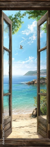 Wallpaper Mural Coastal View Through Open Wooden Doors Torontodigital.ca