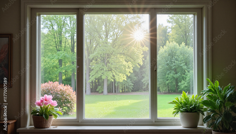 Fototapeta premium Sunlight streaming through window on spring day, natural beauty