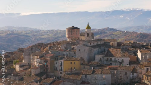 Aerial drone video of the mountain town named Oratino in Campobasso, Italy.