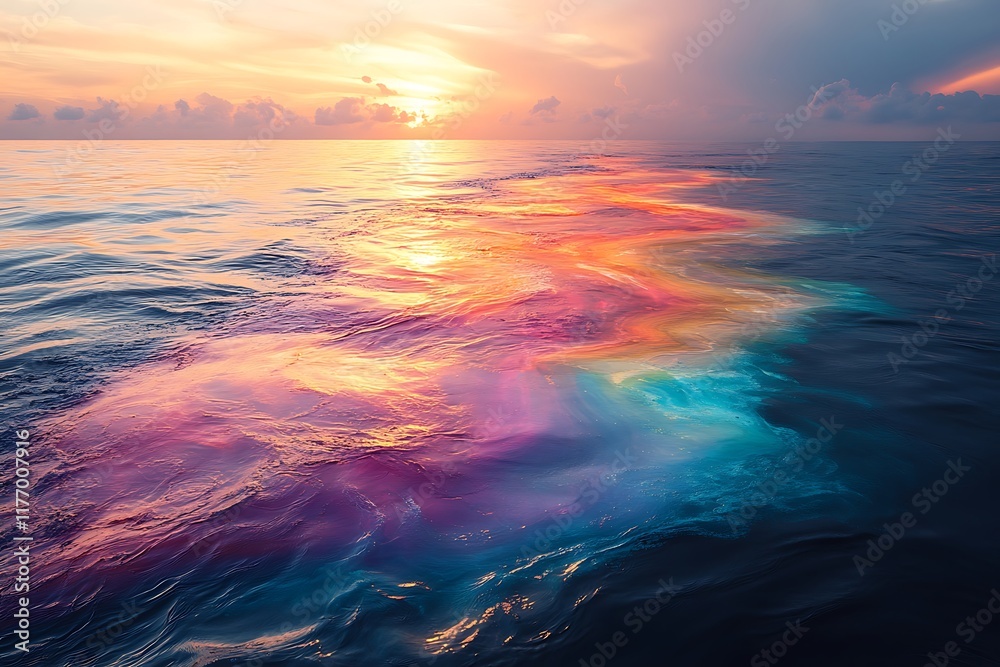 Obraz premium A mesmerizing sunset over the ocean with a colorful oil spill