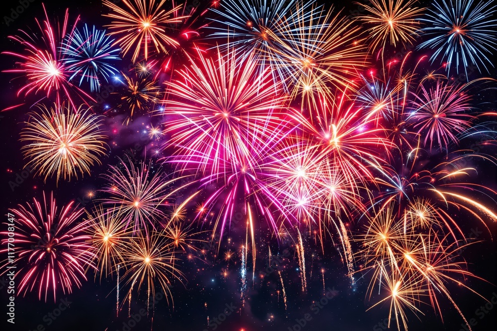 Fototapeta premium Vibrant fireworks display with colorful bursts of light against a dark night sky.