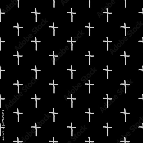 Christian cross hand drawn icon seamless pattern isolated on black background