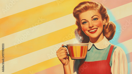 A vintage commercial style illustration of a perfect retro style traditional housewife in candy colours, smiling. Wide landscape 25:14 with copy space, text blank