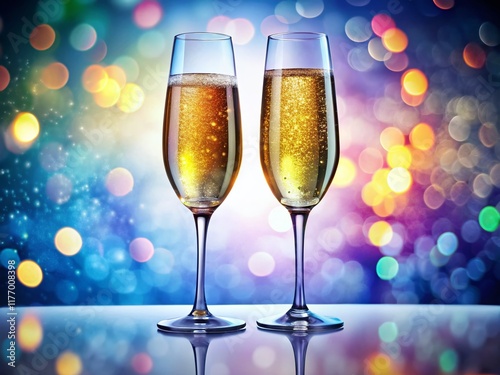 Two Glasses of Sparkling Champagne, Isolated on White Background - Festive Drink Photography
