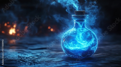 Glowing potion in a glass bottle surrounded by swirling smoke and luminous or...