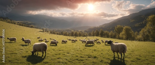 Sheep flock grazing in mountains on green grass meadow