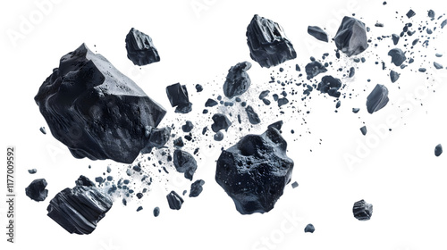 Realistic swarms of asteroids (meteors) with sci-fi or futuristic aesthetics isolated on a transparent background