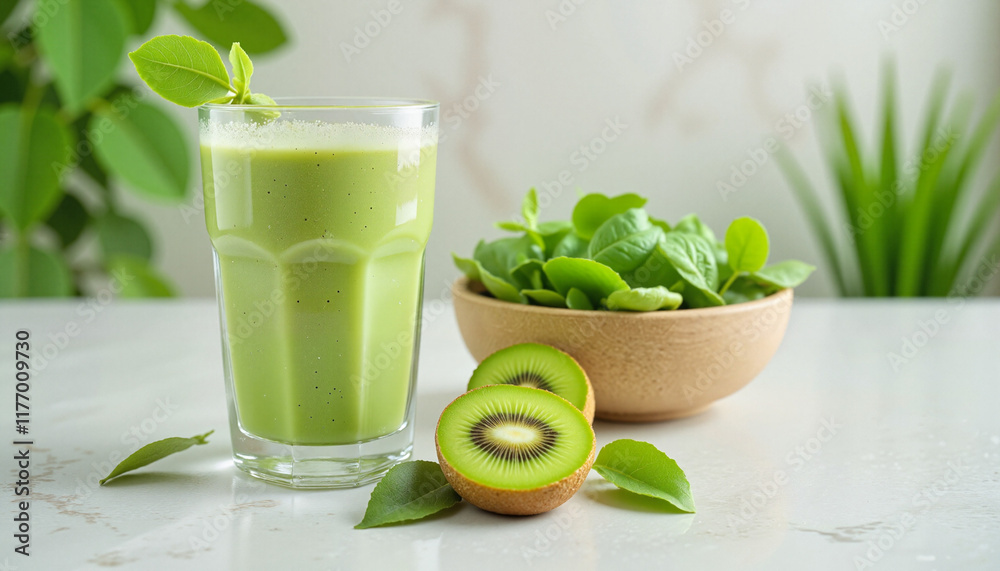Refreshing green smoothie with kiwi and spinach on white table, spring vitality Refreshing green smoothie with kiwi and spinach on white table, spring vitality