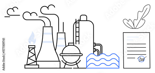 Smoke-emitting factory, water waves, oil rig, and signed document with leaf. Ideal for pollution, industry, environment, sustainability regulations energy and agreements. Combination of industrial