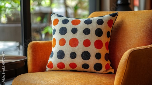 Cozy armchair with colorful cushion in a bright, modern living space during d...
