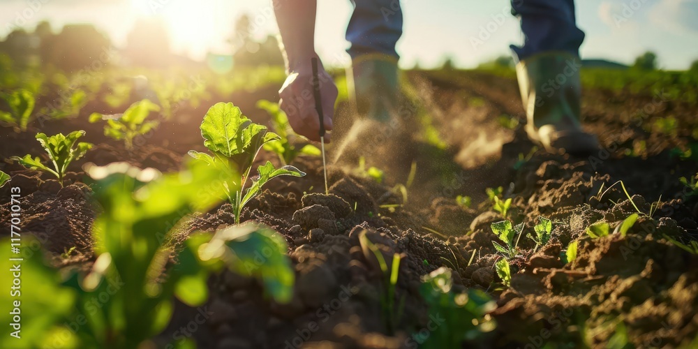 A person cultivating soil in a field, emphasizing agricultural activity and nature.