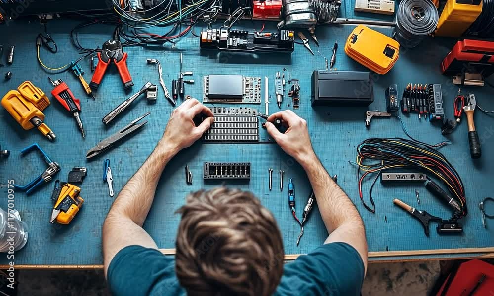 A person working on electronics at a cluttered workbench with various tools and components.