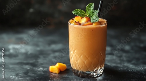 Refreshing mango smoothie garnished with mint leaves and diced mango