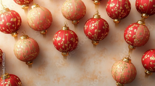 Decorative red lanterns hanging on a wall for celebration during festive season in a cultural setting