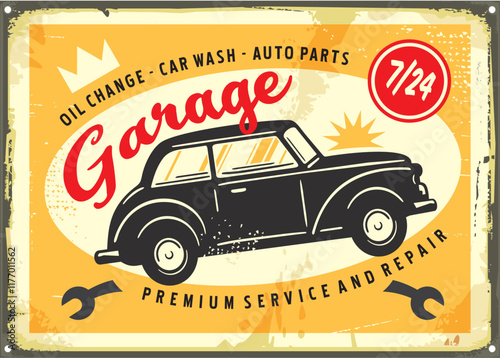 Garage and car service retro sign design on old metal texture. Cars and transportation vintage vector illustration.